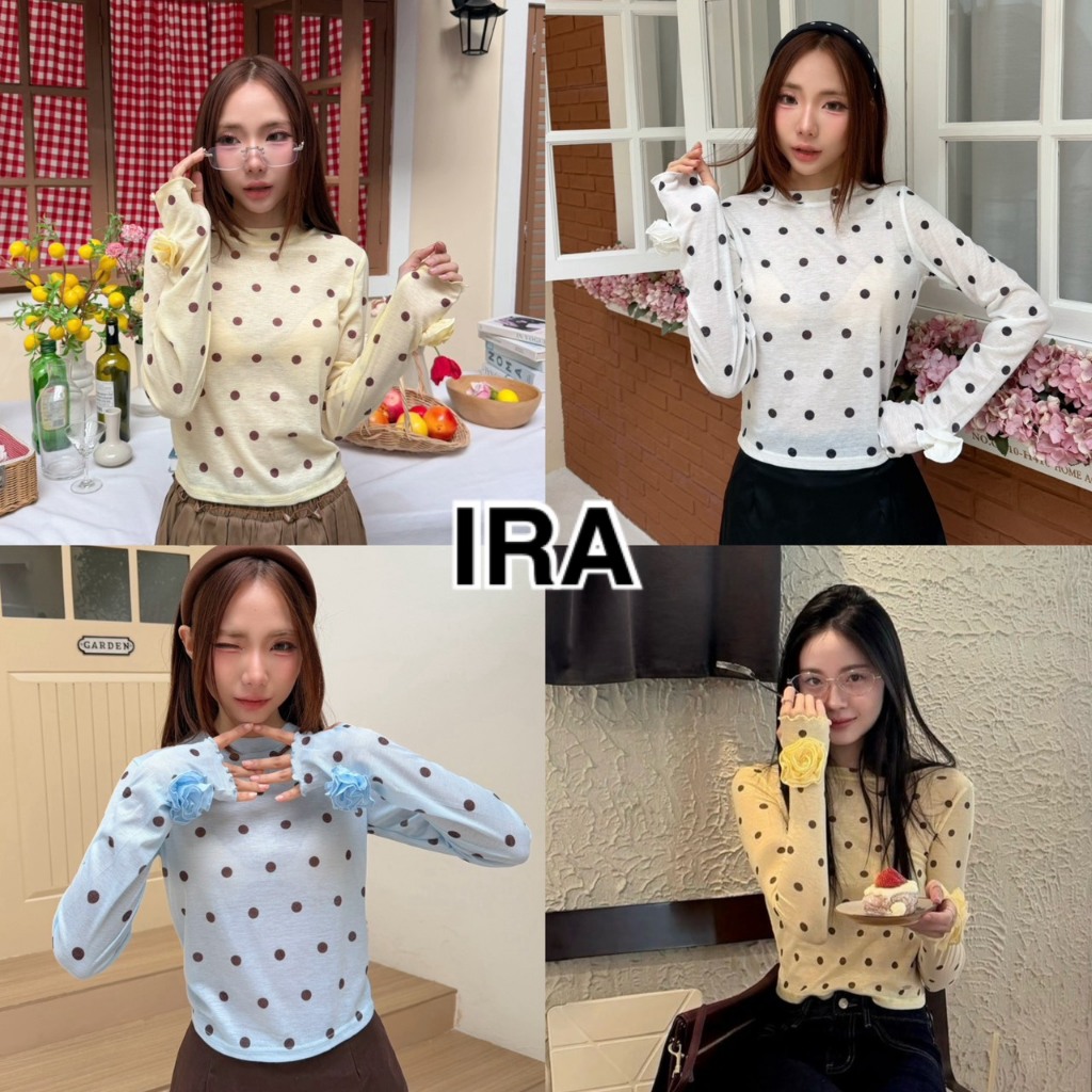 BY IRA 2026-190 Bouquet Polka dot  เสื้อแขนยาวแต่งดอกคามิเลีย เสื้อแขนยาวแต่งดอกไม้ที่แขน งานน่ารัก สีพื้น ลายจุด ผ้ายืด