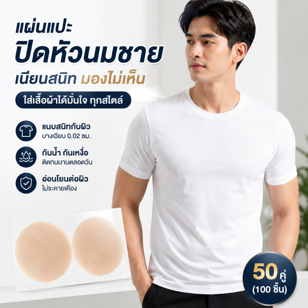 แผ่นปิดหัวนมชาย Nipple Cover Men แบบมองไม่เห็น กันโป๊ ระบายอากาศ กันเหงื่อกันน้ำ ใช้แล้วทิ้ง ใส่เสื้อยืดเสื้อเชิ้ต พร้อม