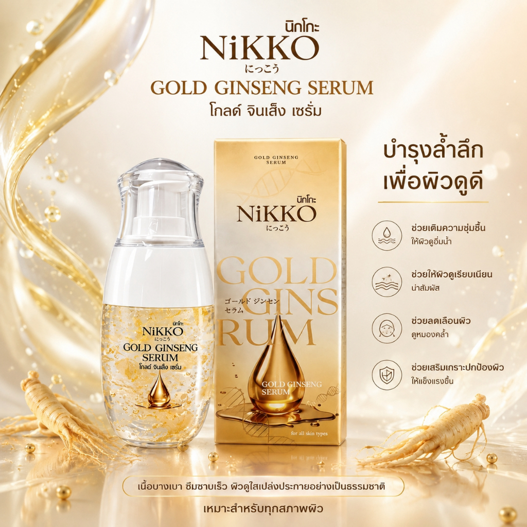 เซรั่มทาหน้า นิกโกะ โกลด์จินเส็งเซรั่ม *30ml* สูตรสารสกัดโสมเข้มข้น บำรุงผิวหน้า ลดฝ้ากระจุดด่างดำ ลดเลือนริ้วรอย