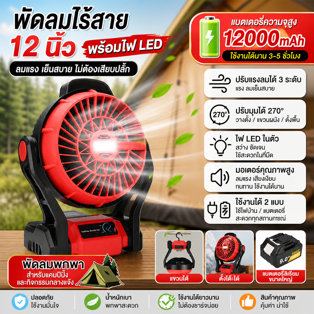 พัดลมชาร์จได้ 12 นิ้ว แบตเตอรี่ 12000mAh 3 ระดับลม ปรับมุม 270° แขวนและตั้งได้ พร้อมไฟ LED พกพาสะดวก สำหรับแคมป์ปิ้ง ตลา