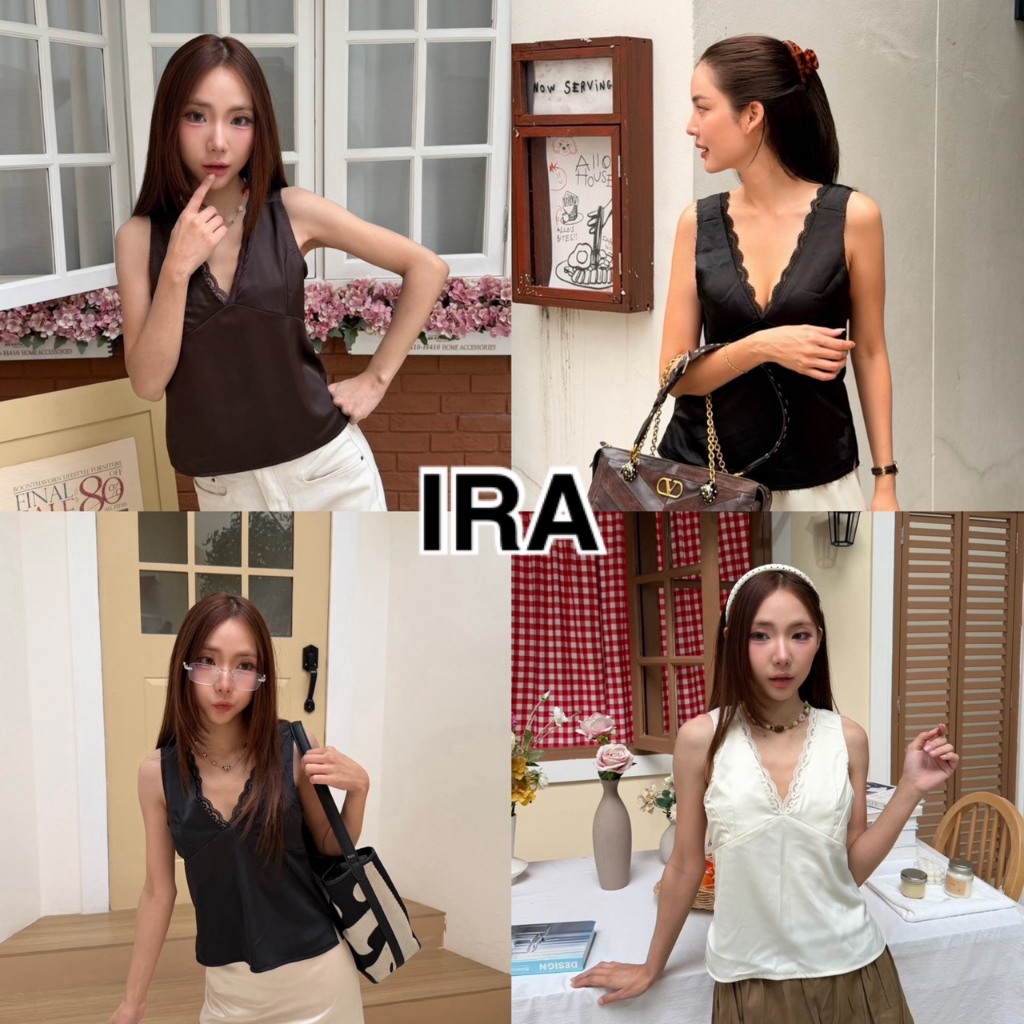 BY IRA (2026-181) Lottie Top เสื้อสายเดี่ยวผู้หญิง คอวี แต่งลูกไม้ ดีไซน์ไขว้ เซ็กซี่ เสื้อแฟชั่นเกาหลี แขนกุด สีดำ