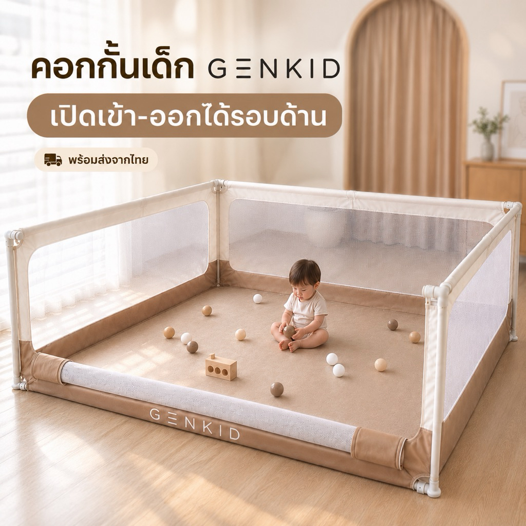 GENKID คอกเด็กตาข่าย เปิดเข้าออกได้รอบด้าน โครงเหล็ก ฐานยึดพื้น ขนาด 5 ฟุต / 6 ฟุต