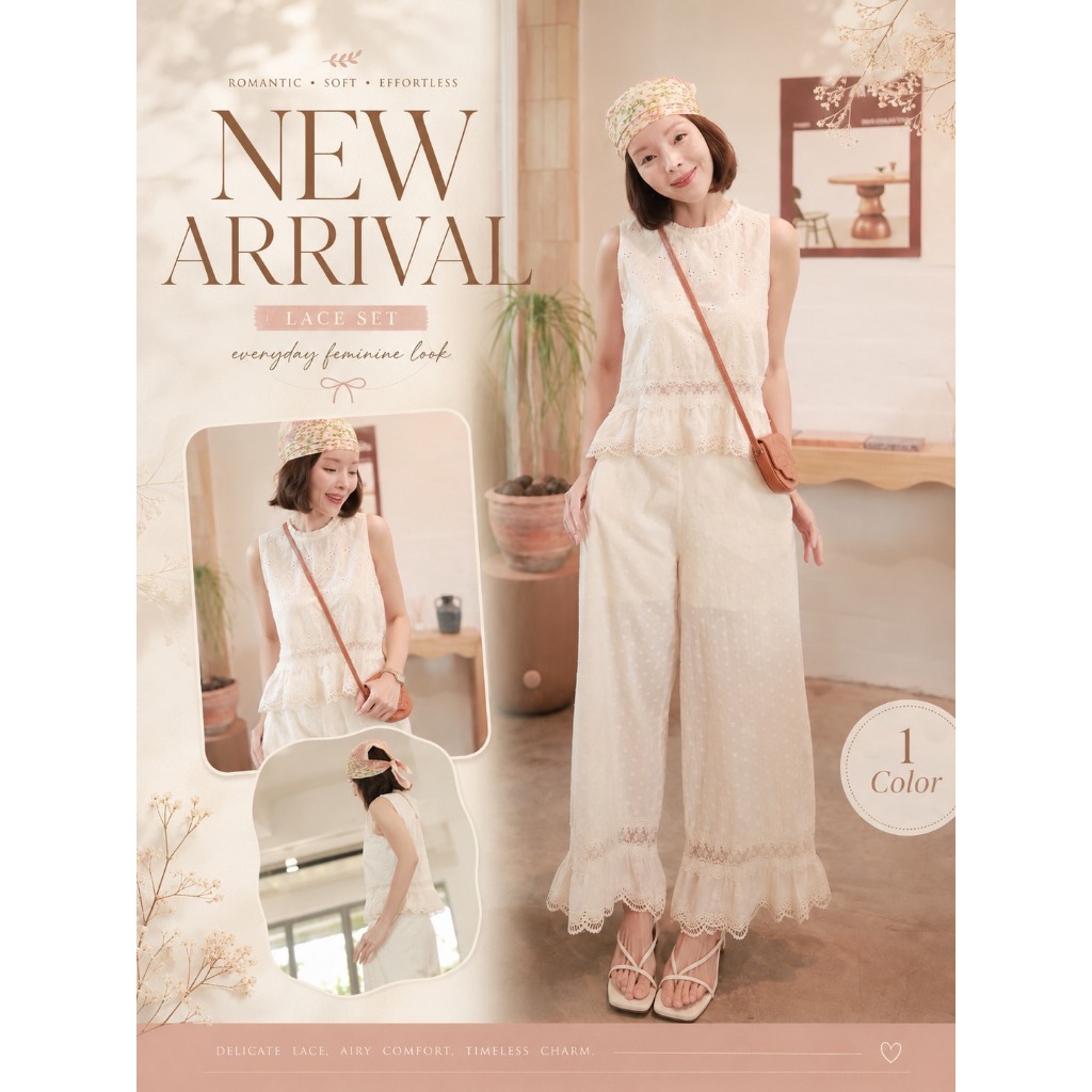 CHALINE STUDIO P&C 70412 Set2pcs. เซตผ้าลูกไม้คอตตอนอย่างดีลายฉลุ สีสวยละมุน ตัวเสื้อแต่งชาย