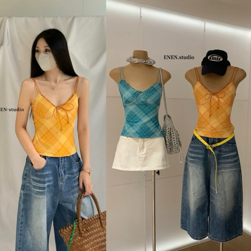 10625# เสื้อสายเดี่ยวลายสกอต มีโบว์ผูกช่วงอก เนื้อผ้าดี มีซับใน งานสวย TAG:WG.WE