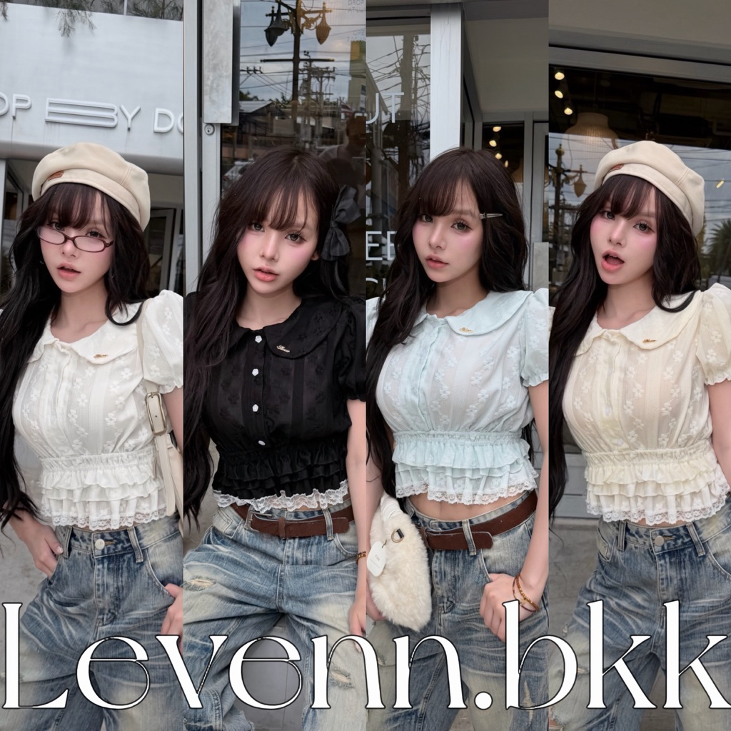 Levenn.bkk • Meko Crop เสื้อแขนตุ๊กตา ชายระบาย แต่งโบว์ผูก Lady ผู้หญิง Women