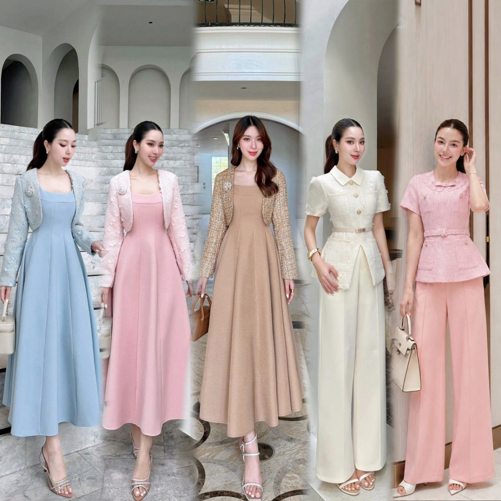 S-XXL ชุดเซท 2ชิ้น เสื้อผ้าทวีด+กระโปรง,กางเกง สีครีม ชมพู ฟ้า ดำ น้ำตาล #lalabelle