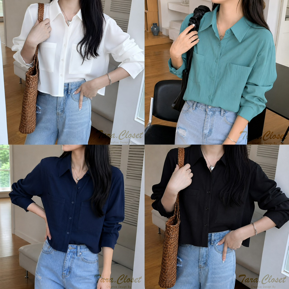 IT062 TARA Shirt เสื้อครอป เชิ้ต คอปก กระเป๋าหน้า แขนยาว ทรงคลาสสิค ผ้าไหมอิตาลีอย่างดี ผ้าไม่หนามาก
