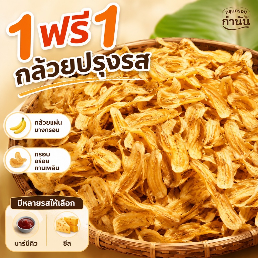 กล้วยปรุงรส โปร 1 แถม 1 เลือกรสชาติได้ เช่น บาร์บีคิว วิงซ์แซ่ป และอื่นๆ