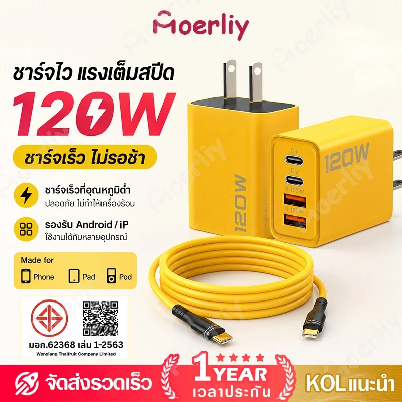 อะแดปเตอร์ชาร์จเร็ว 120W USB TypeC 3.0 2PD + 2USB(พอร์ต)สําหรับ iP 17 16 15 14 13 12