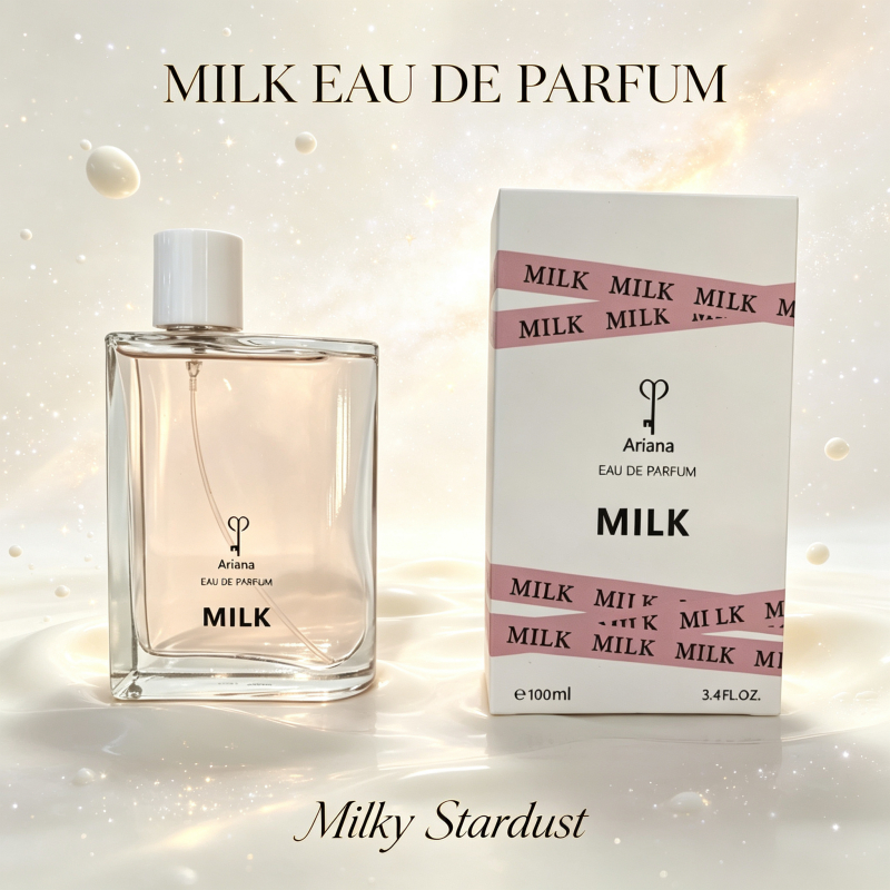 Ariana Milk Eau De Parfum 100ml, Transparent square bottle with white cap, warm creamy milk fragrance, mild and soothing