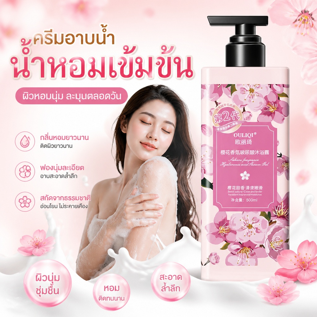 เจลอาบน้ำ Sakura ญี่ปุ่น 500ml ผิวขาว กลิ่นซากุระหอมติดผิว บำรุงชุ่มชื้น