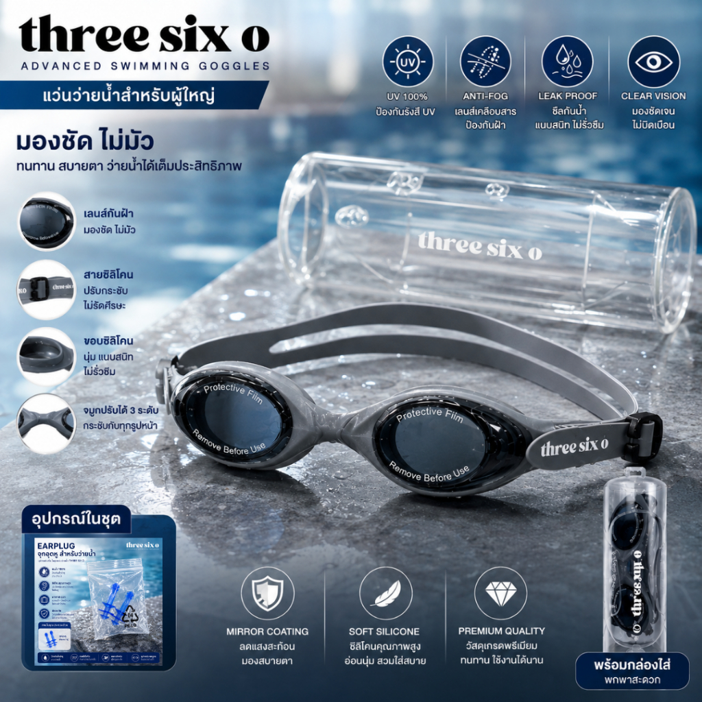 ThreeSixO360 เเว่นว่ายน้ำ สำหรับผู้ใหญ่ สวมใส่สบาย สายซิลิโคนปรับได้ พร้อมกล่องใส่และจุกอุดหู — صورة 3