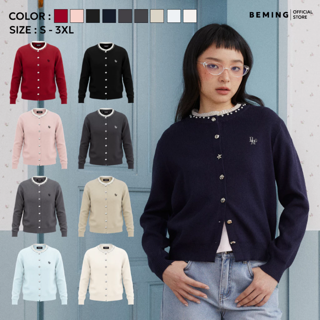 Bemingtop1265(S–2XL) - Peary Knit Cardigan – คาร์ดิแกนไหมพรมแต่งลูกไม้และมุก เพิ่มความหวานหรูให้ทุกลุค