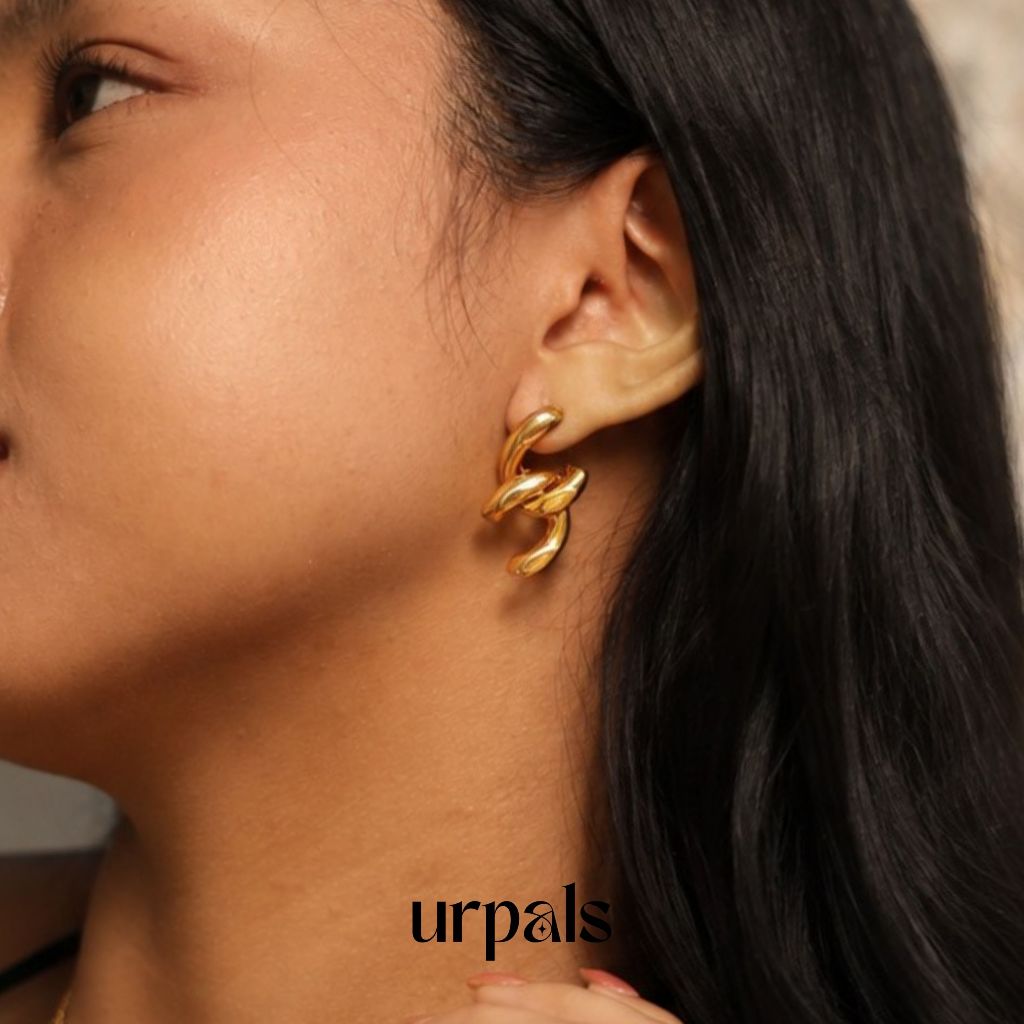 URPALS ต่างหูห่วง ต่างหูสายฝอ ต่างหูstud Stainless ชุบทอง 18K สไตล์เก๋ ทนน้ำ ทนเหงื่อได้ดี