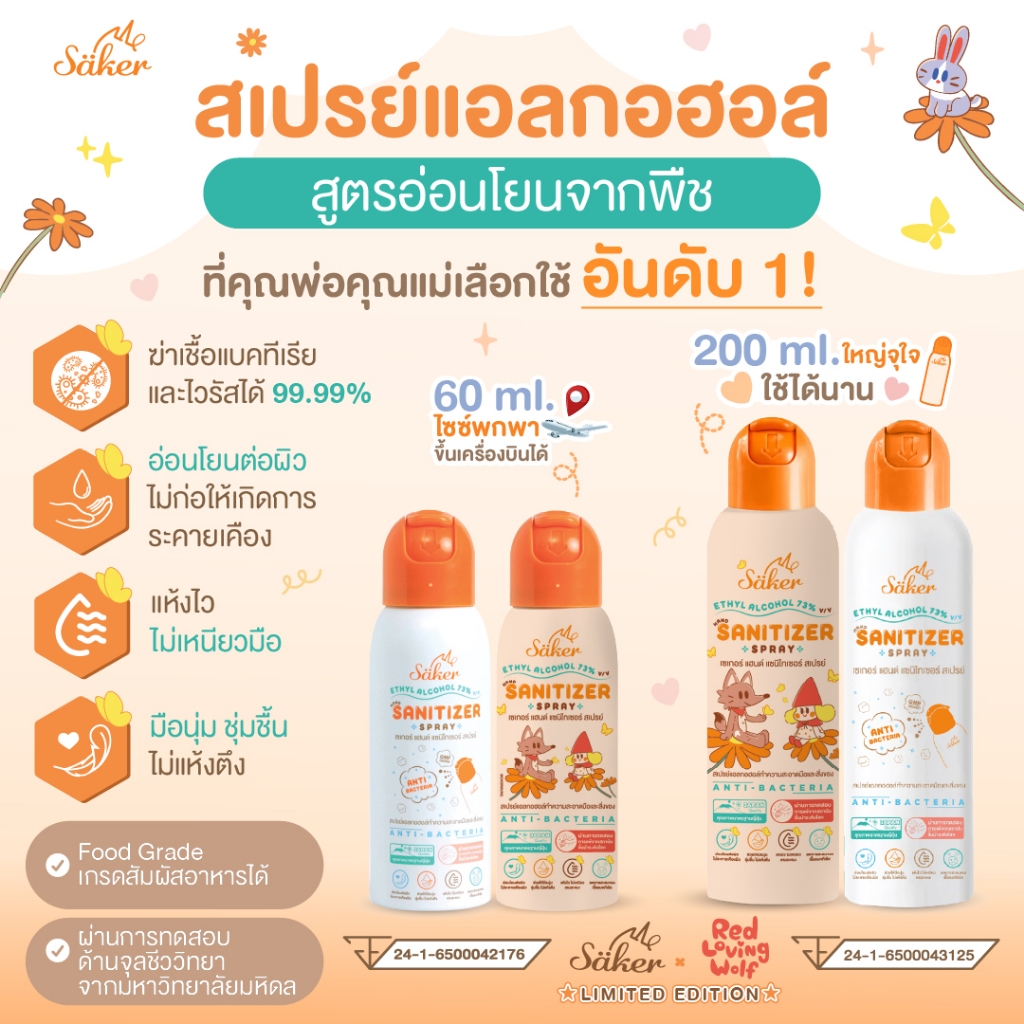 Saker สเปรย์แอลกอฮอล์จากพืชธรรมชาติ(ซื้อเยอะถูกลง) ฟู้ดเกรด 