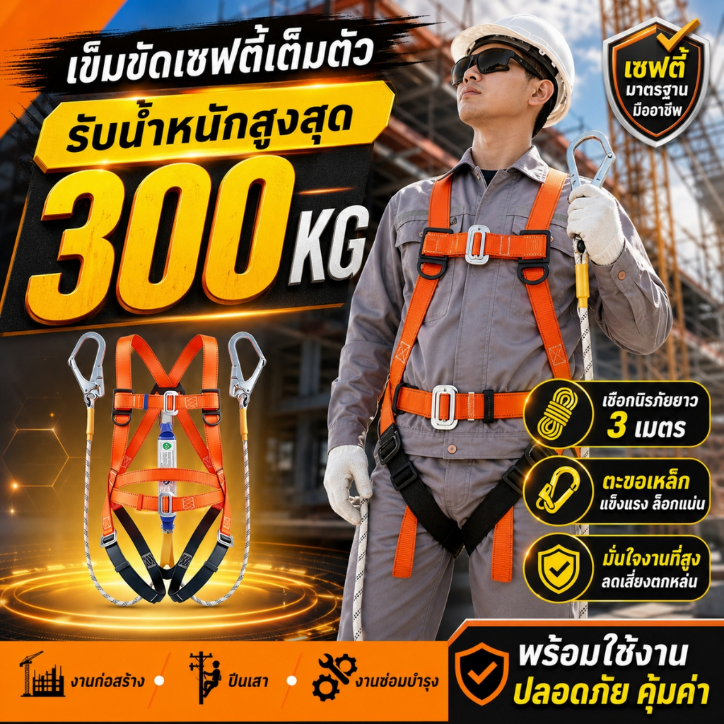HB เข็มขัดเซฟตี้ เข็มขัดนิรภัยแบบเต็มตัว เซตตี้ตะขอคู่ เข็มขัดกันตก ปรับได้ รับน้ำหนัก 370kg