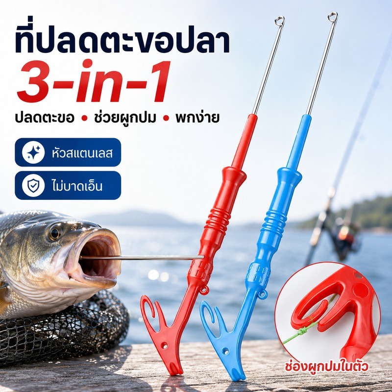 อุปกรณ์ถอดเบ็ดตกปลา 3-in-1 เครื่องมือถอดเบ็ดตกปลาแบบลึก อุปกรณ์ถอดเบ็ดตกปลา เครื่องมือผูกเงื่อนตกปลา อุปกร