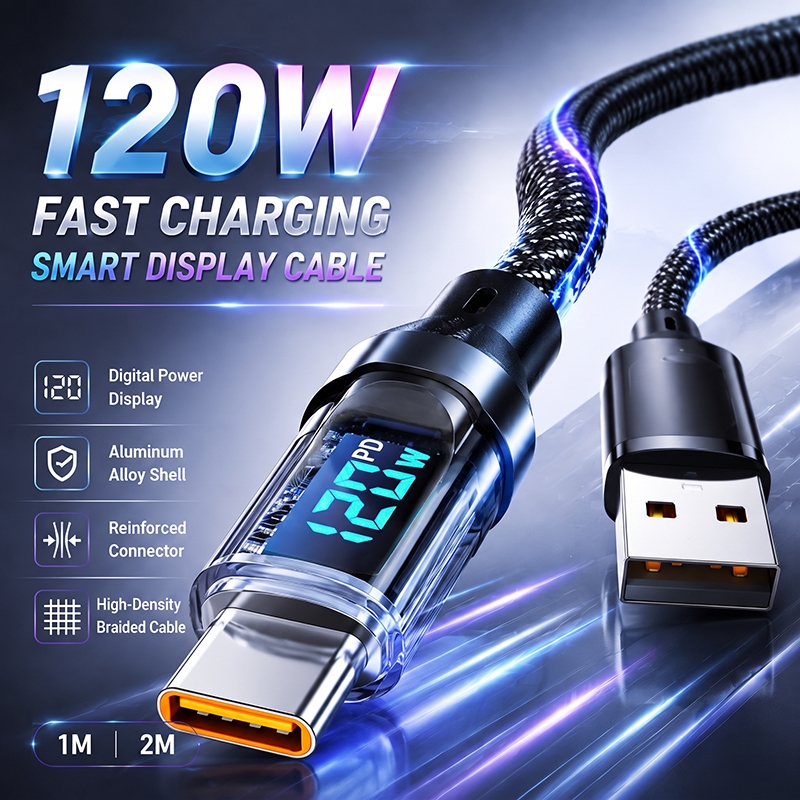 สายชาร์จเร็ว Type‑C 120W สายถักหน้าจอแสดงวัตต์ โลหะอัลลอย รองรับ PD ชาร์จเร็ว สำหรับมือถือ แท็บเล็ต โน้ตบุ๊ก