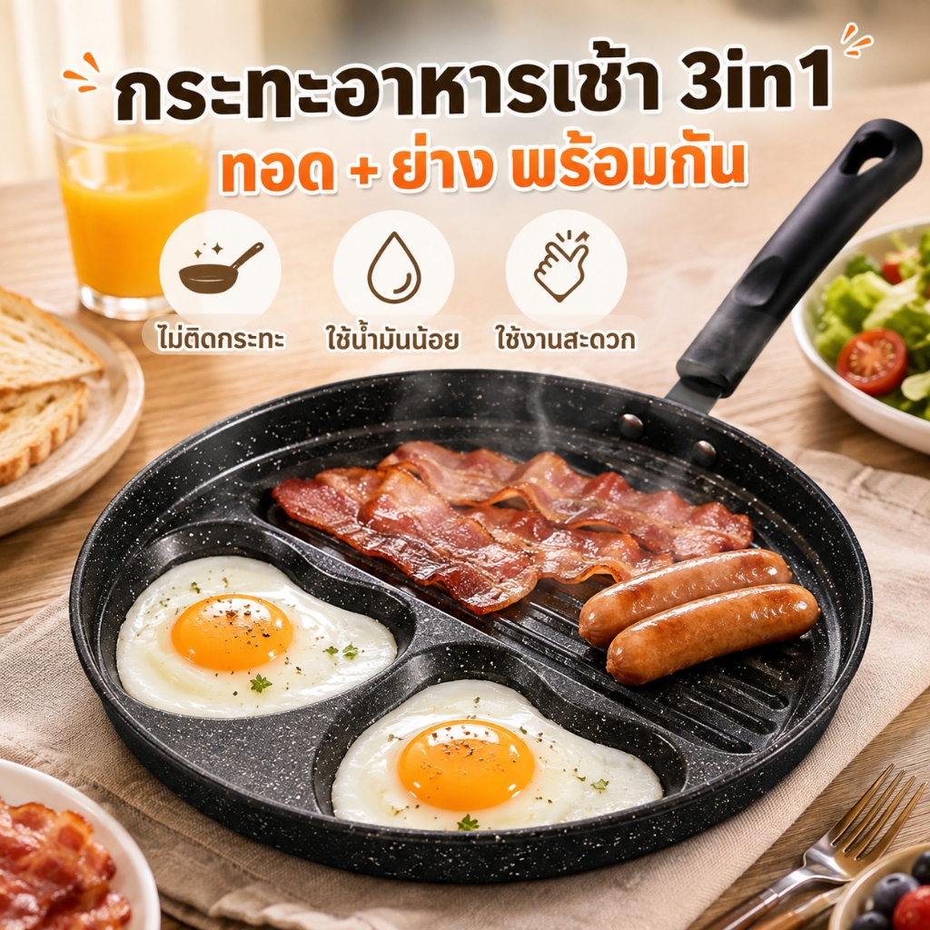 กระทะรูปหัวใจ 4in1 3in1 กระทะอาหารเช้าอเนกประสงค์ ไม่ติดกระทะ ทอดไข่พร้อมย่างเบคอน ไส้กรอก ดีไซน์น่ารัก