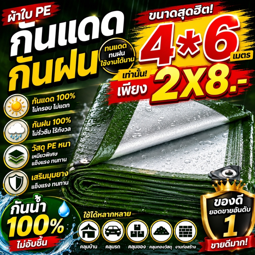 ผ้าใบกันฝน ผ้าใบกันแดดกันฝน อย่างดี วัสดุ PE(มีตาไก่) ผ้าใบกันแดดฝน ผ้าใบกันแดด ผ้ากันฝน อเนกประสงค์ ขนาด 3x4 4x5 เมตร