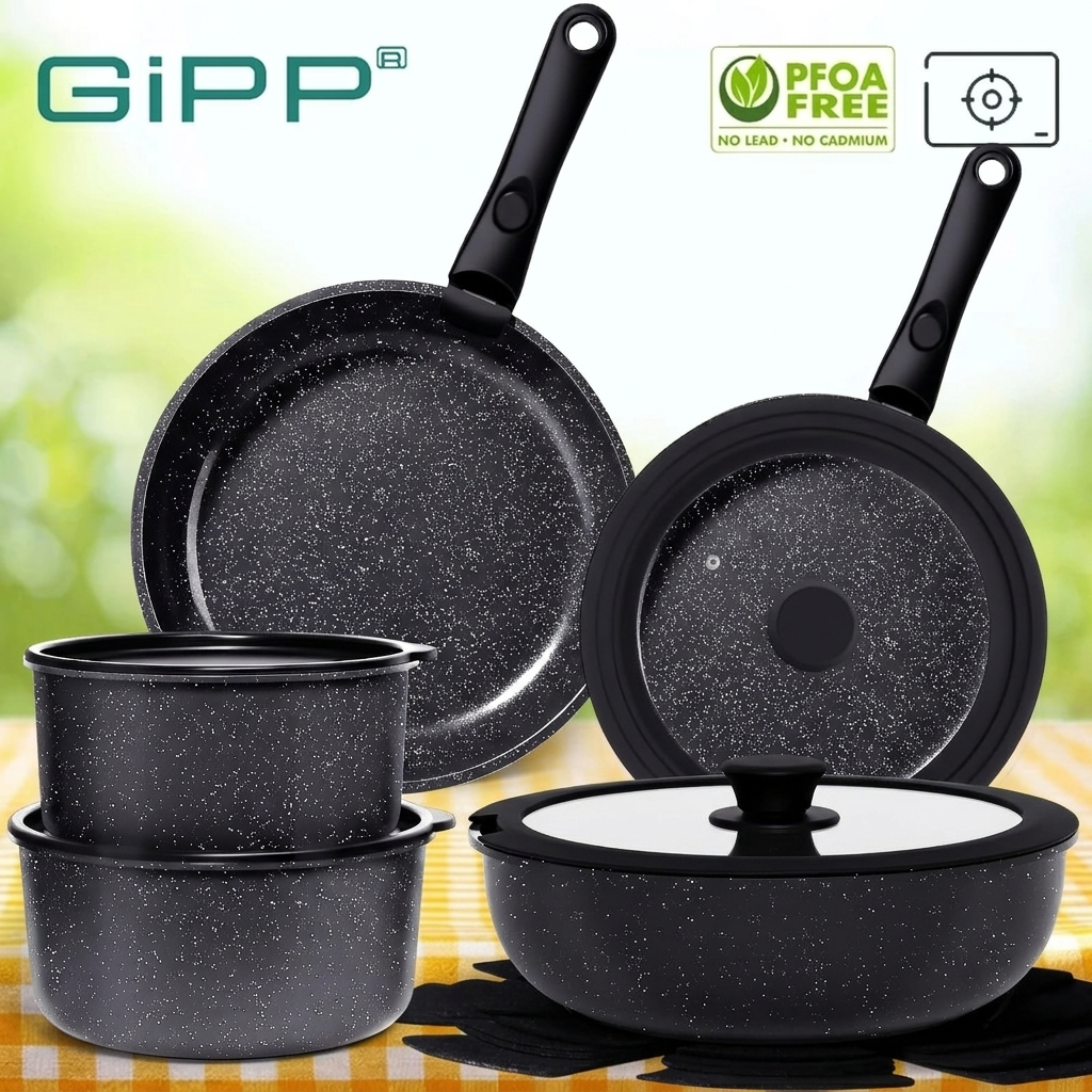 GIPP ชุดหม้อกระทะถอดด้ามจับได้ ชุด15ชิ้น สีดำ เซ็ตหม้อกระทะ NonStick หนักเบา ประหยัดพื้นที่จัดเก็บ ใช้ได้กับเตาทุกประเภท