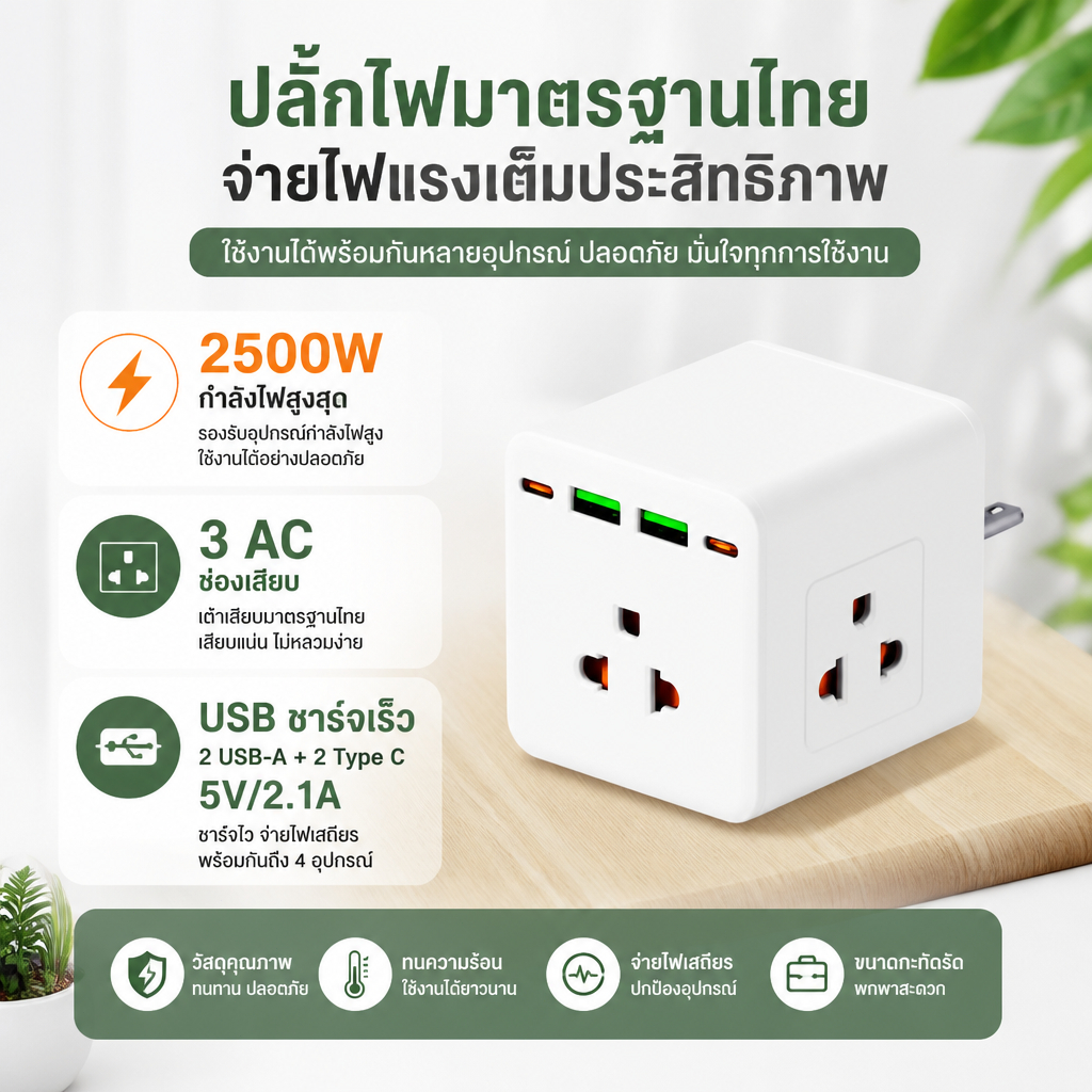 JFKDX ปลั๊กติดผนัง 7 ซ็อกเก็ตปลั๊กหมุนได้ 2300W 2USB 2 Type-C