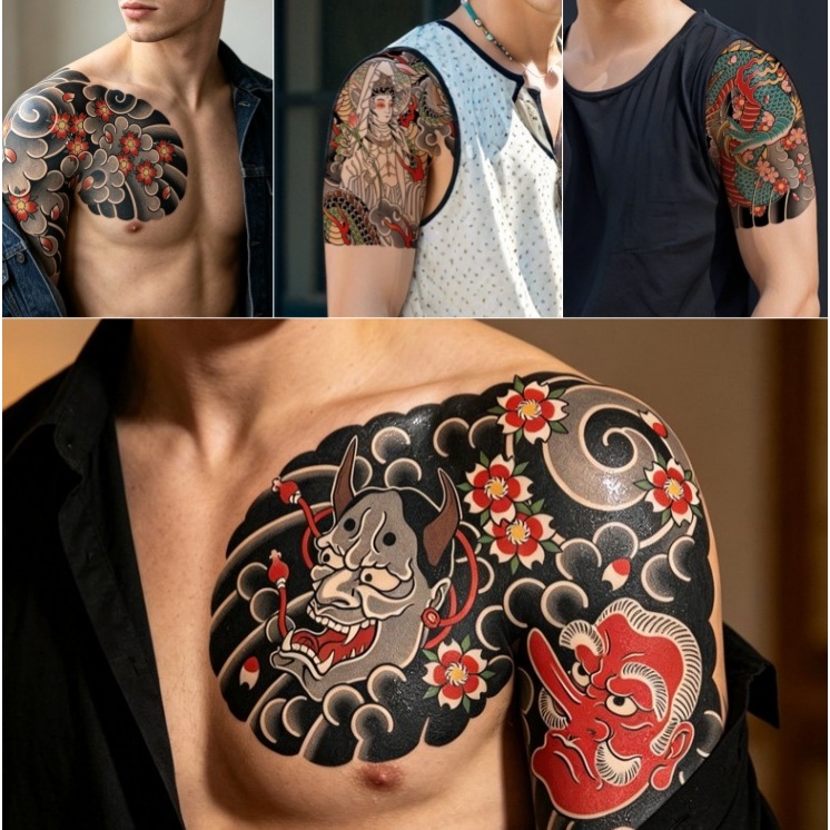 สติกเกอร์รอยสักชั่วคราวลายปีศาจสไตล์ญี่ปุ่น เหมาะสำหรับติดที่ไหล่หรือหน้าอก กันน้ำและกันเหงื่อ เหมาะสำหรับผู้ชาย