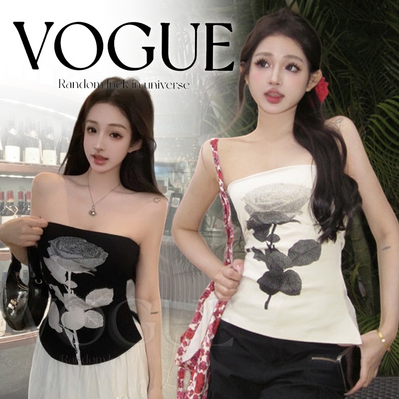 Vogue พร้อมส่ง เสื้อเกาะอกสายเดี่ยวลายดอกกุหลาบ ผ้าสรีนใส่สบาย มีฟองน้ำในตัว ทรงเข้ารูปโชว์สัดส่วน (FY3013#1)
