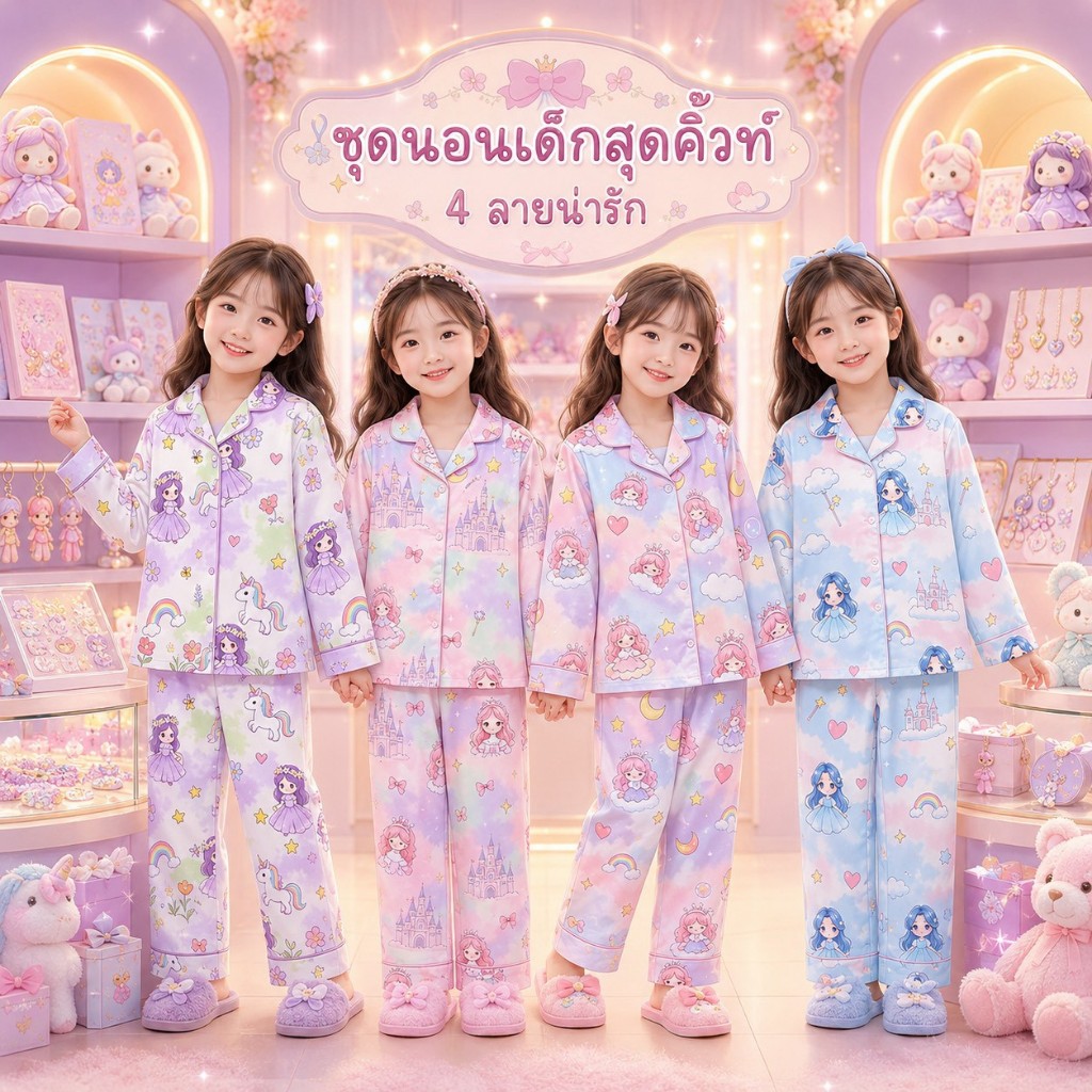 MC373 ชุดนอนเด็กผู้หญิง ลายเจ้าหญิงยูนิคอร์น สีพาสเทล แขนยาวขายาว น่ารัก
