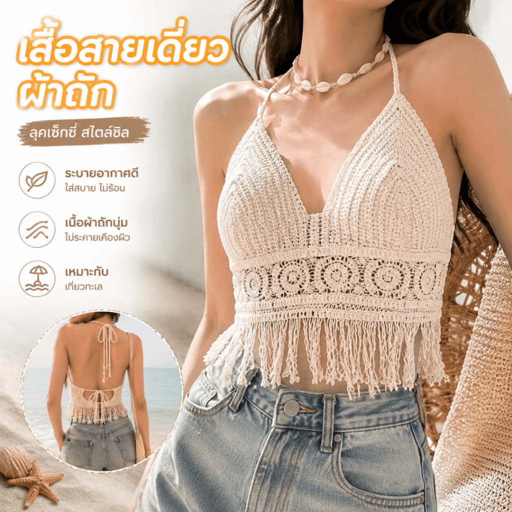 เสื้อสายเดี่ยวผ้าถักผู้หญิง เซ็กซี่ฤดูร้อน ระบายอากาศดี เหมาะไปเที่ยวทะเล