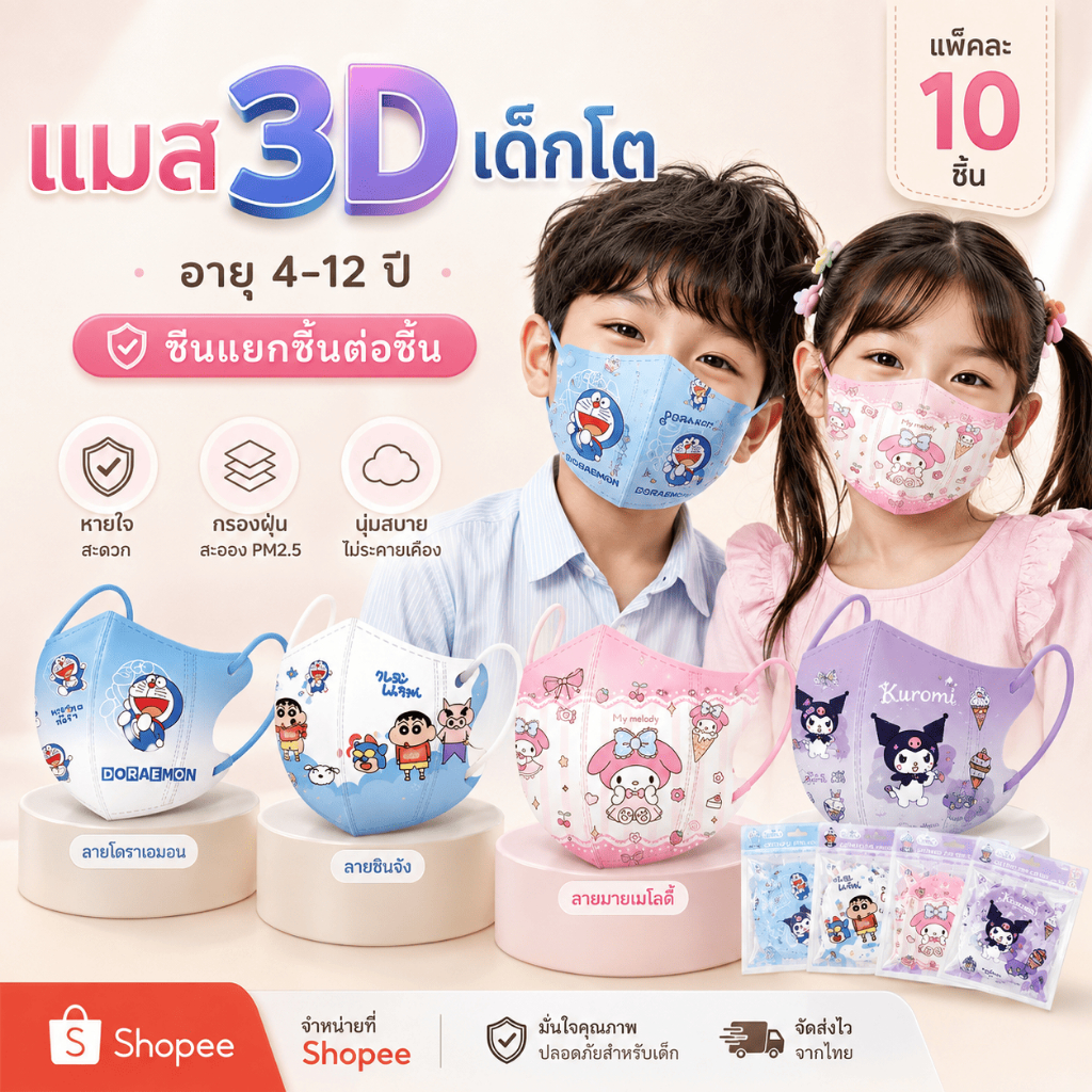 แมสเด็ก3D กันฝุ่น  ลายการ์ตูน  มีงานซีนและไม่ซีน 1แพค 10 ชิ้น  อายุ 0-3ปี และ 4-12ปี (พร้อมส่ง)