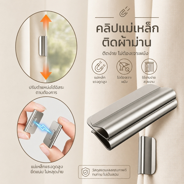 (1คู่) คลิปแม่เหล็กหนีบผ้าม่าน ติดตั้งง่าย ไม่ต้องเจาะ ตัวยึดม่านแม่เหล็ก #A197