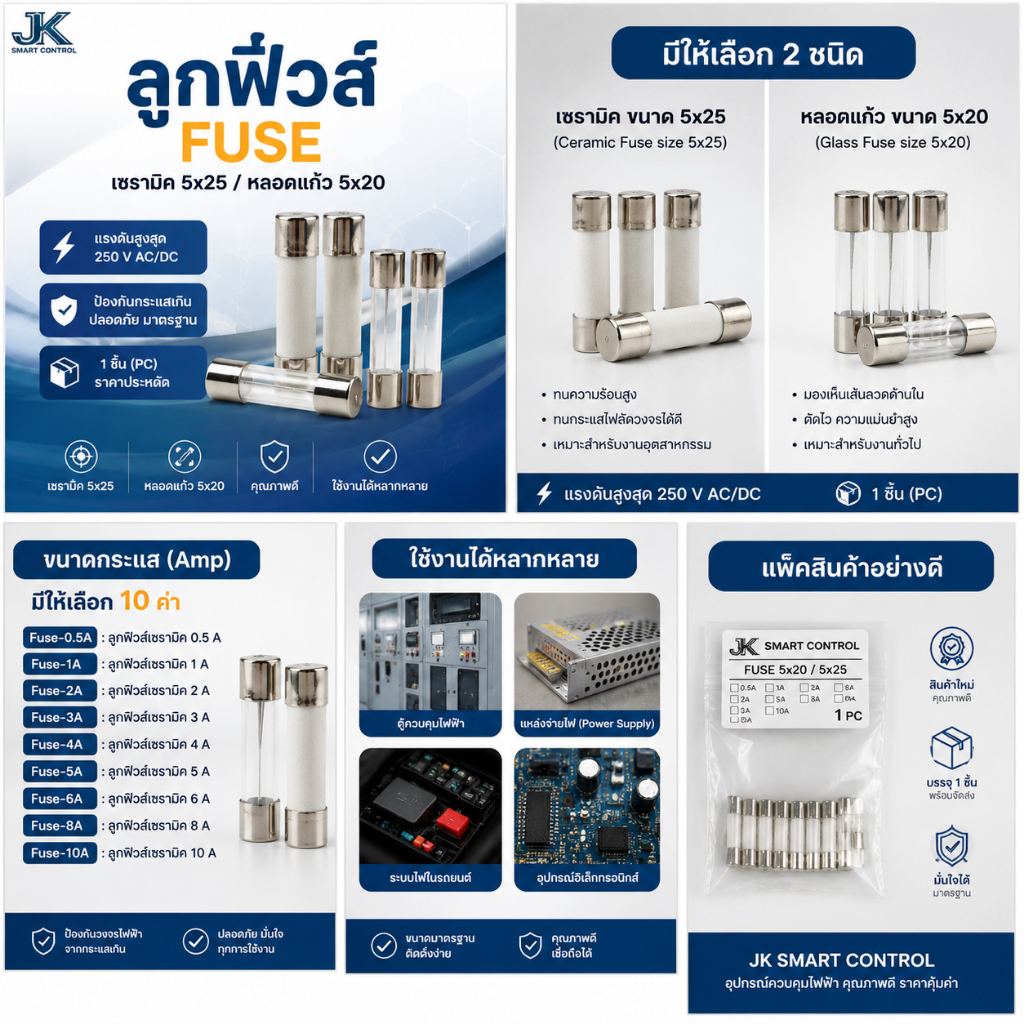 Ceramic/Glass FUSE : ลูกฟิวส์ เซรามิค/หลอดแก้ว 0.5A-10A ขนาด 5x25/5x20 (Ceramic/Glass Fuse 0.5A-10A Size 5x25/5x20)