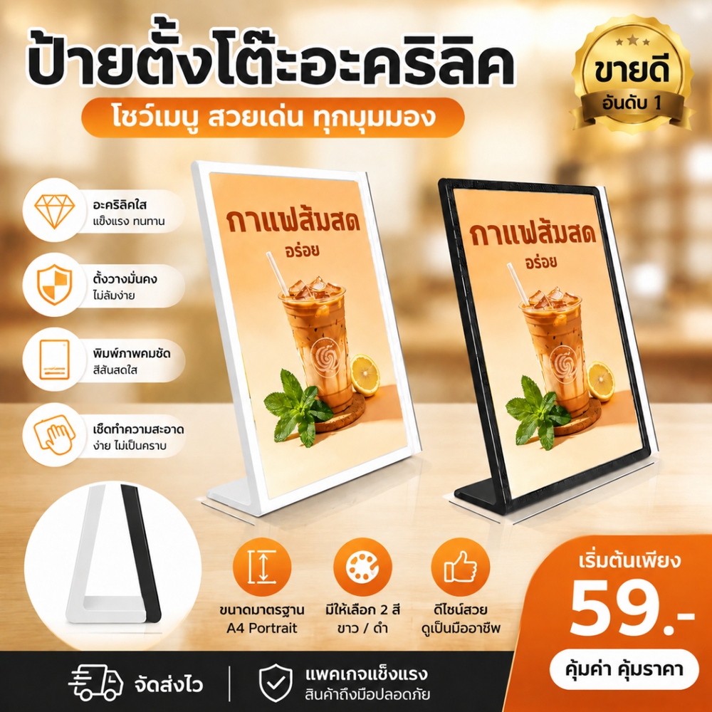 แนวตั้ง ป้ายอะคริลิคตั้งโต๊ะ ขนาด A4 อะคริลิคใส ป้ายตั้งโต๊ะร้านอาหาร ป้ายเมนูร้านคาเฟ่ คาเฟ่ L shape acrylic table sign