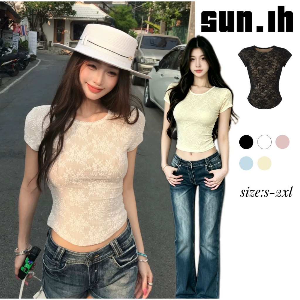 SUN🛍️พร้อมส่ง🛍️สื้อยืดแขนสั้นลูกไม้แฟชั่นผู้หญิง คอปกกลม เสื้อสายเดี่ยวไม่มีแขน ใส่แล้วผอมเพรียว สีพื้น