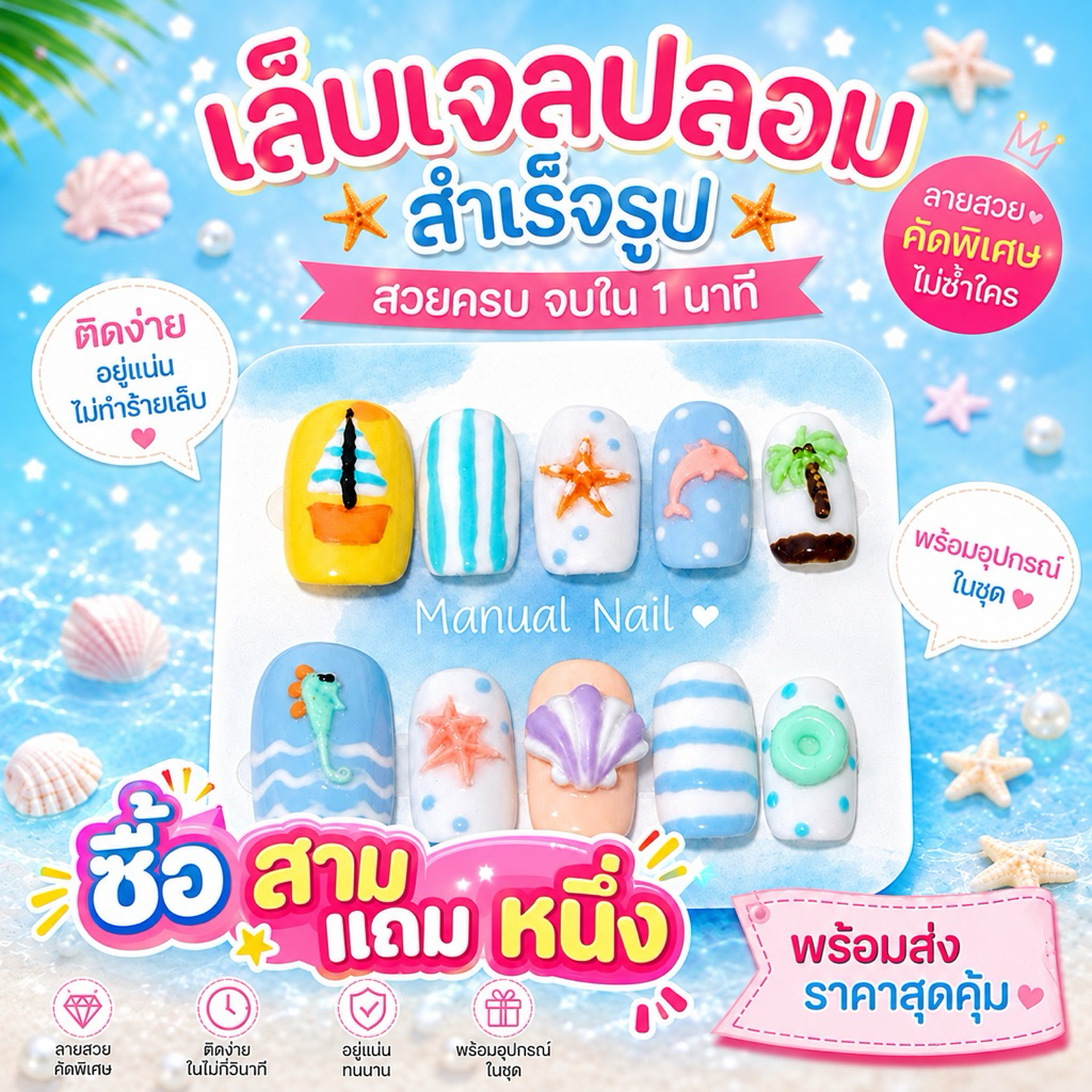 เล็บเจล เพ้นลายสำเร็จรูป 10 ชิ้น ติดง่าย ทนน้ำ ใช้งานได้ 1-2 สัปดาห์ ทำด้วยมือ