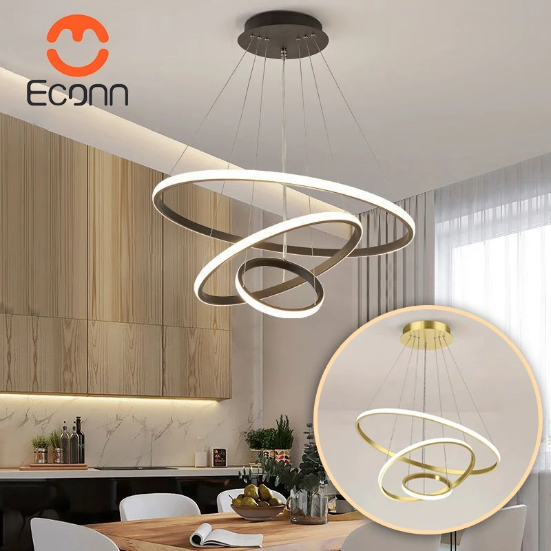 ECONN โคมไฟระย้า โคมระย้า LED 3 วง สไตล์โมเดิร์น ปรับแสง 3 สี ลดแสงแยงตา ประหยัดไฟ กันฝุ่น สำหรับห้องนั่งเล่น ห้องอาหาร