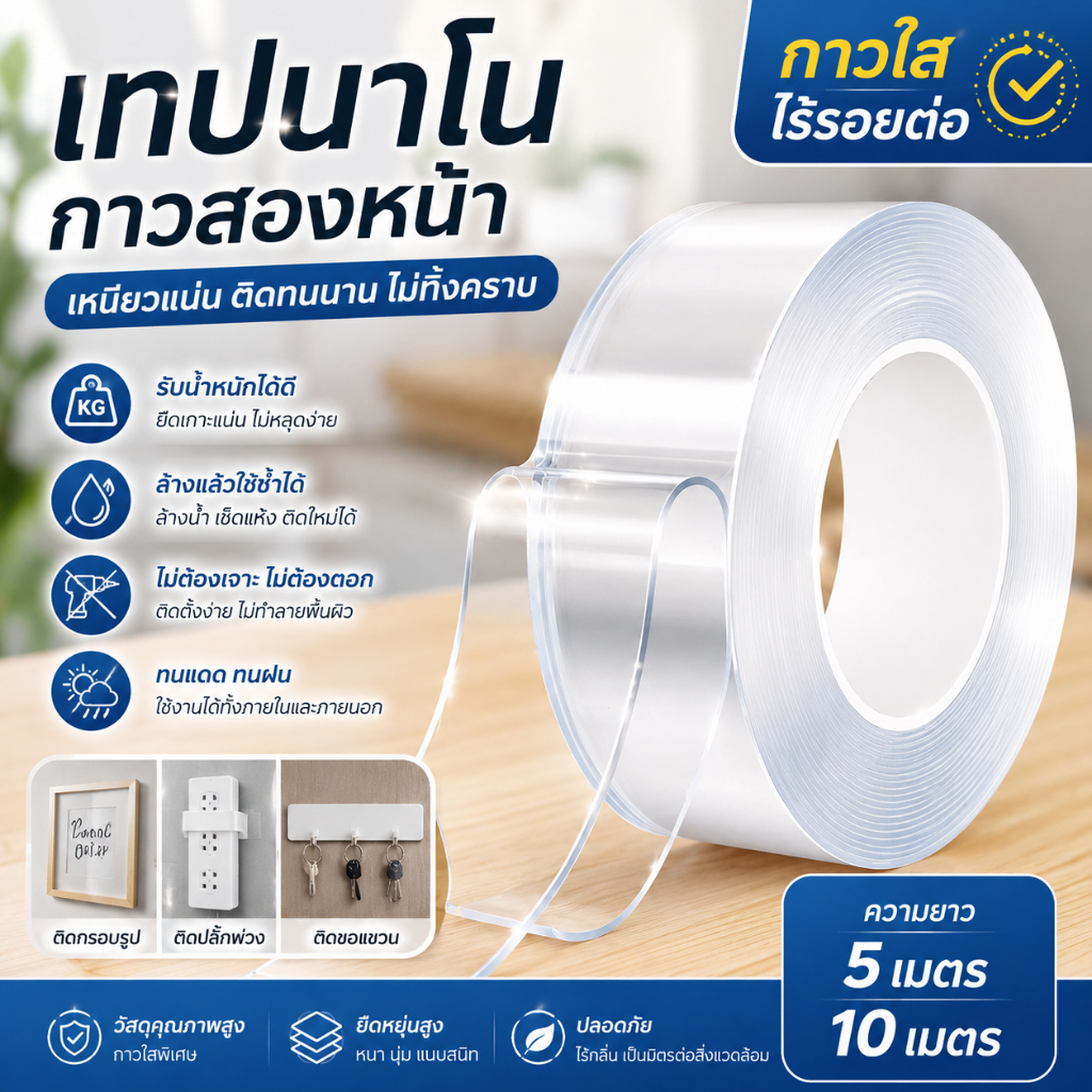 homeboutique8-เทปกาวสองหน้าใส 10 เมตร เทปติดผนังอเนกประสงค์ ล้างใช้ซ้ำได้ ติดแน่น กันน้ำ ไม่ทิ้งคราบ