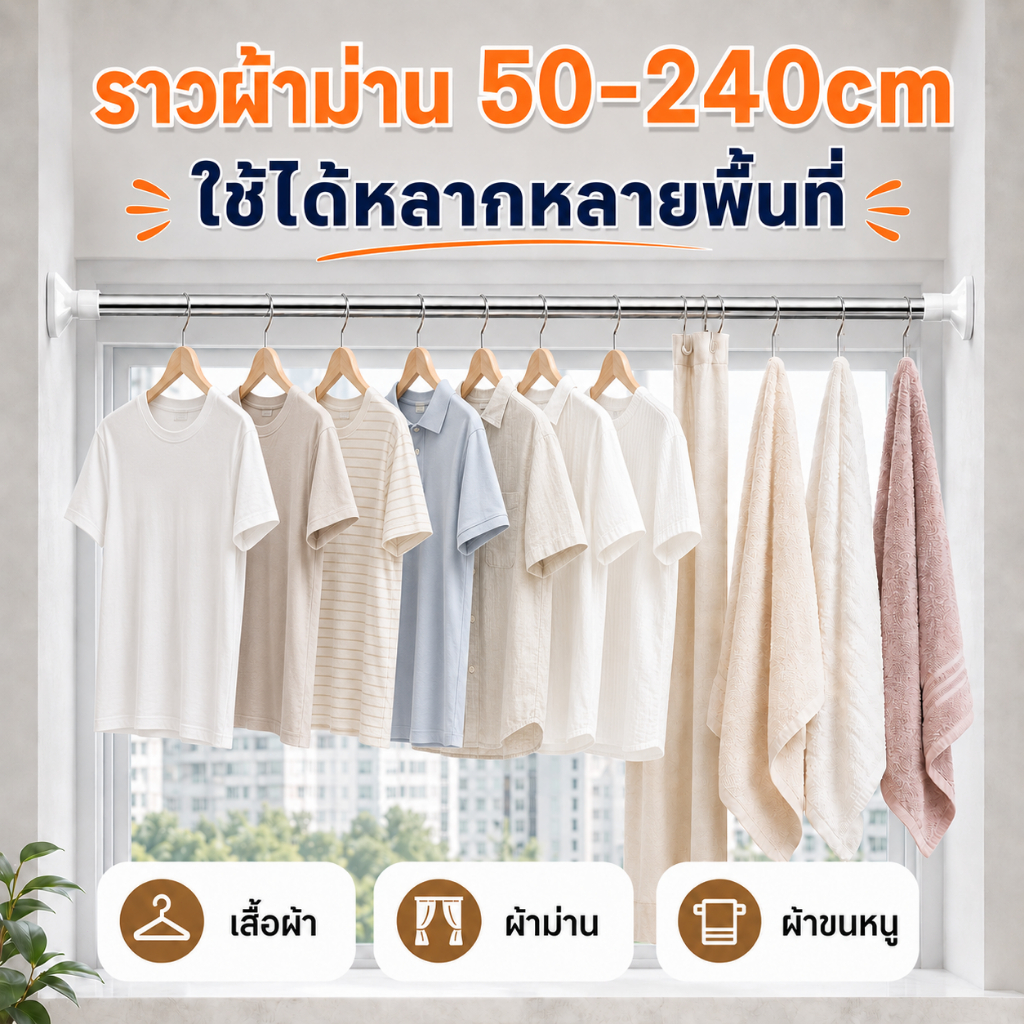 ราวแขวนผ้าม่าน ราวตากผ้าติดผนัง สแตนเลส ราวผ้าอเนกประสงค์ ปรับขนาดได้ ไม่ต้องเจาะ พร้อมจัดส่ง