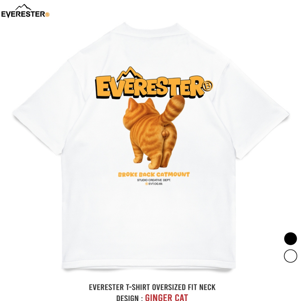 EVERESTER เสื้อยืด Oversized คอฟิต Heavy Cotton เสื้อผู้ชาย Ginger Cat ดำ ขาว เสื้อผ้าผู้ชาย EXP