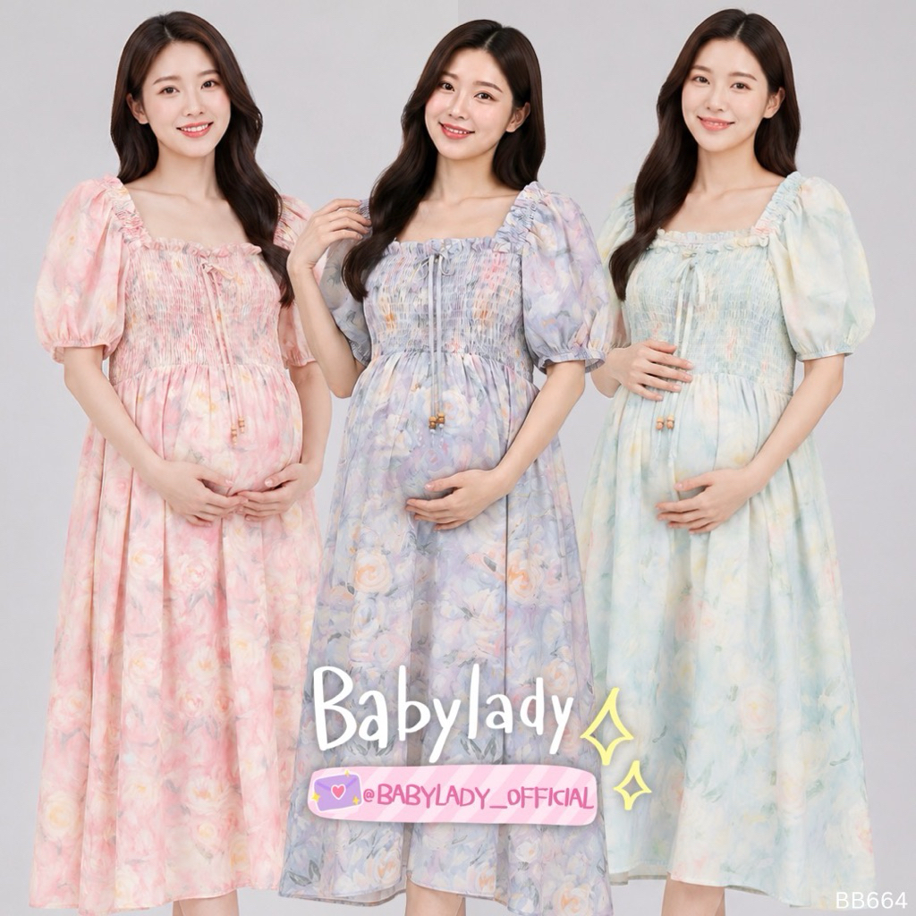 [BB 664] ชุดคลุมท้อง | BABYLADY ♡ - เดรสคอตตอนเท็กเจอร์ สม็อกอก แขนตุ๊กตา โบว์อก