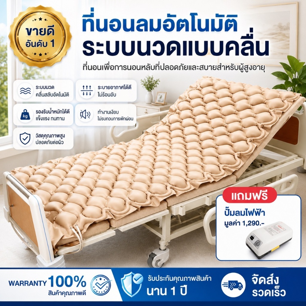 ที่นอนลมป้องกันแผลกดทับ สำหรับผู้ป่วย ผู้สูงอายุ ระบบสลับแรงดันลมอัตโนมัติ พร้อมปั๊มลมไฟฟ้า เสียงเงียบ