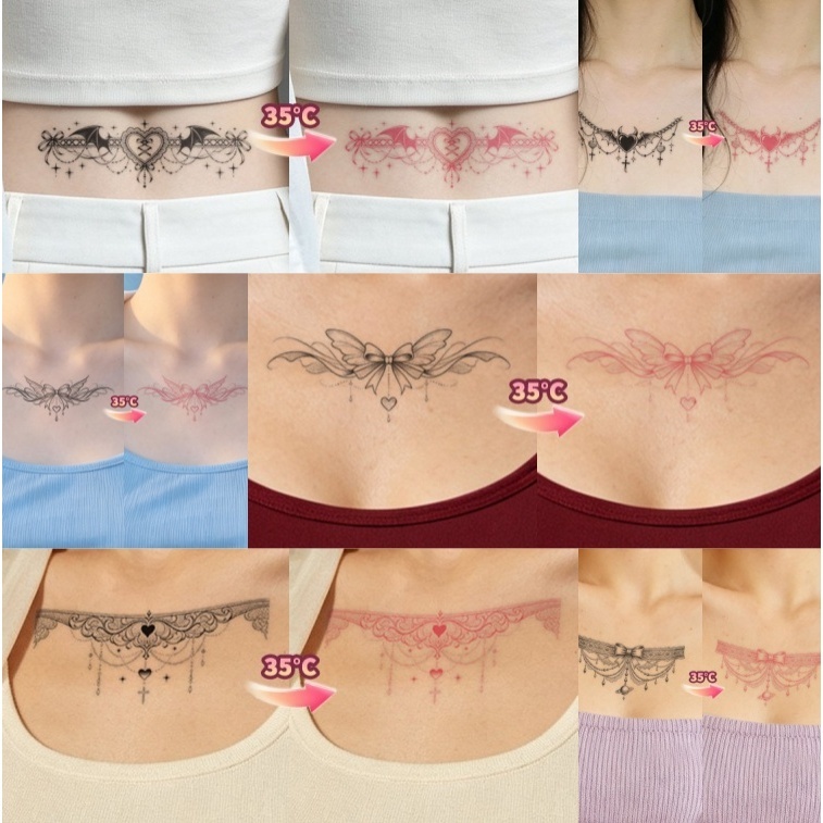 สติกเกอร์รอยสักเปลี่ยนสีตามอุณหภูมิ ลายลูกไม้ปีกผีเสื้อ สำหรับคอ หน้าท้อง กันน้ำกันเหงื่อ รอยสักชั่วคราวสไตล์สาวเซ็กซี่