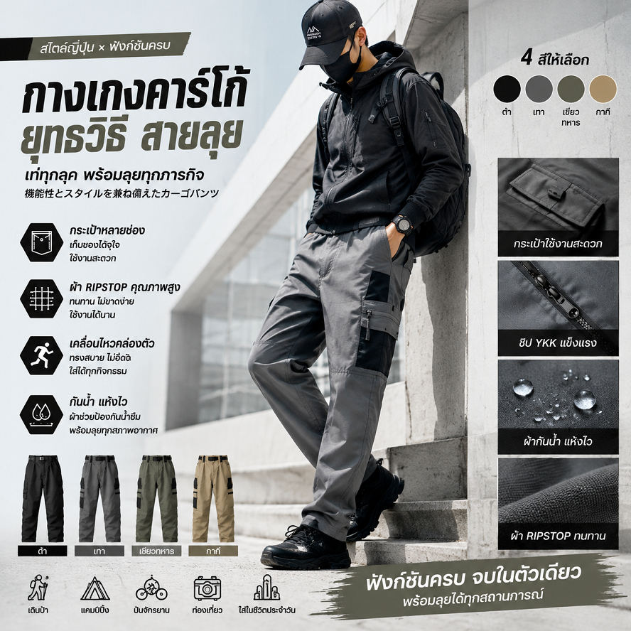 【COD】กางเกงคาร์โก้ผู้ชาย Tactical Cargo Pants กางเกงยุทธวิธี หลายกระเป๋า ผ้า Ripstop กันน้ำ ใส่สบาย ปีนเขา