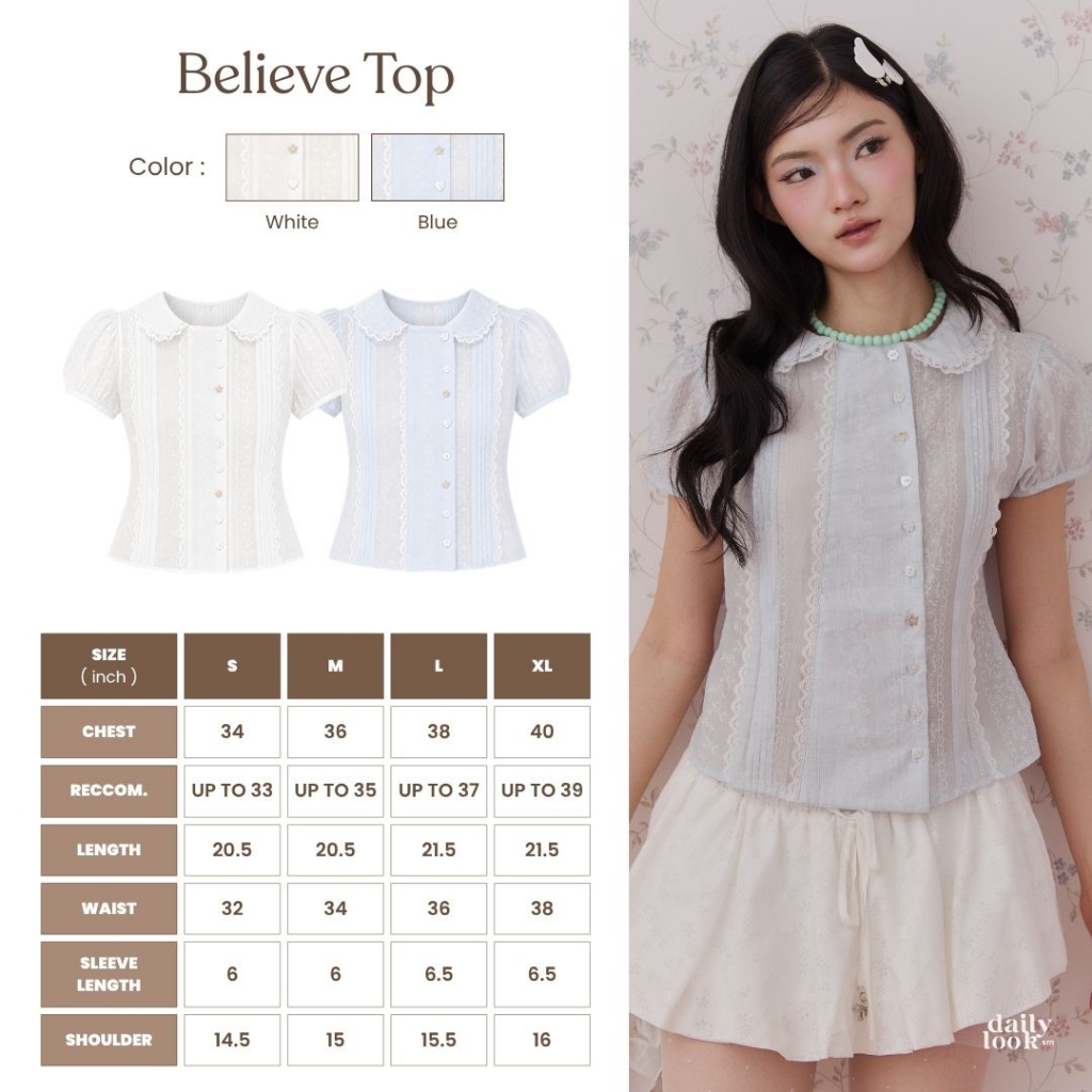 DAILYLOOK.SM --- Believe top เสื้อแขนตุ๊กตา ผ้าลูกไม้ กระดุมสลับลายใช้งานได้จริง ดีเทลแต่งลูกไม้เพิ่มความละมุน