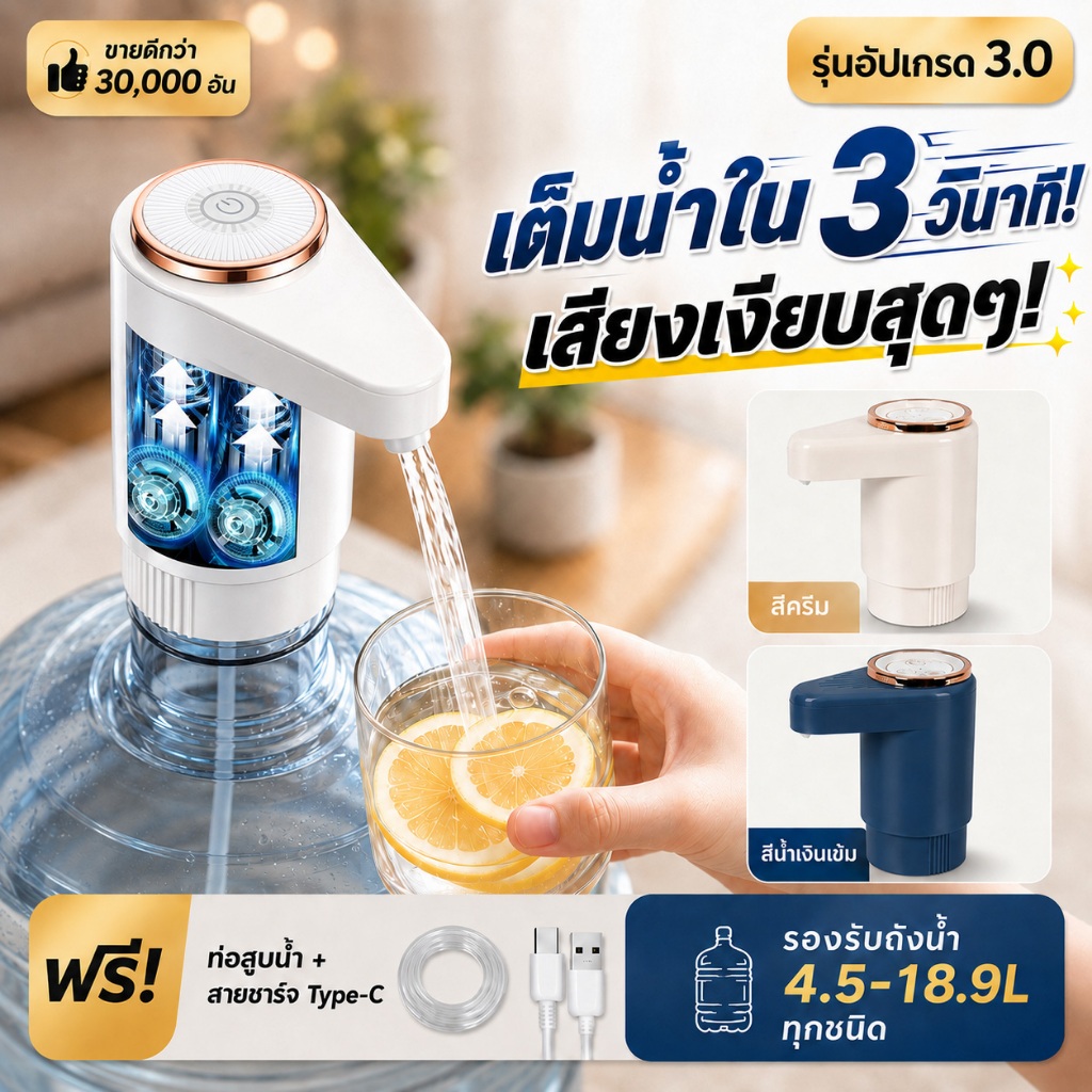 เครื่องกดน้ำ รับประกัน 2 ปี อัตโนมัติ น้ำดื่ม USB ไม่เลือกประเภทถัง แบบพกพา ประกัน จ่ายน้ำแบบเงียบ ไม่เลือกประเภทถัง