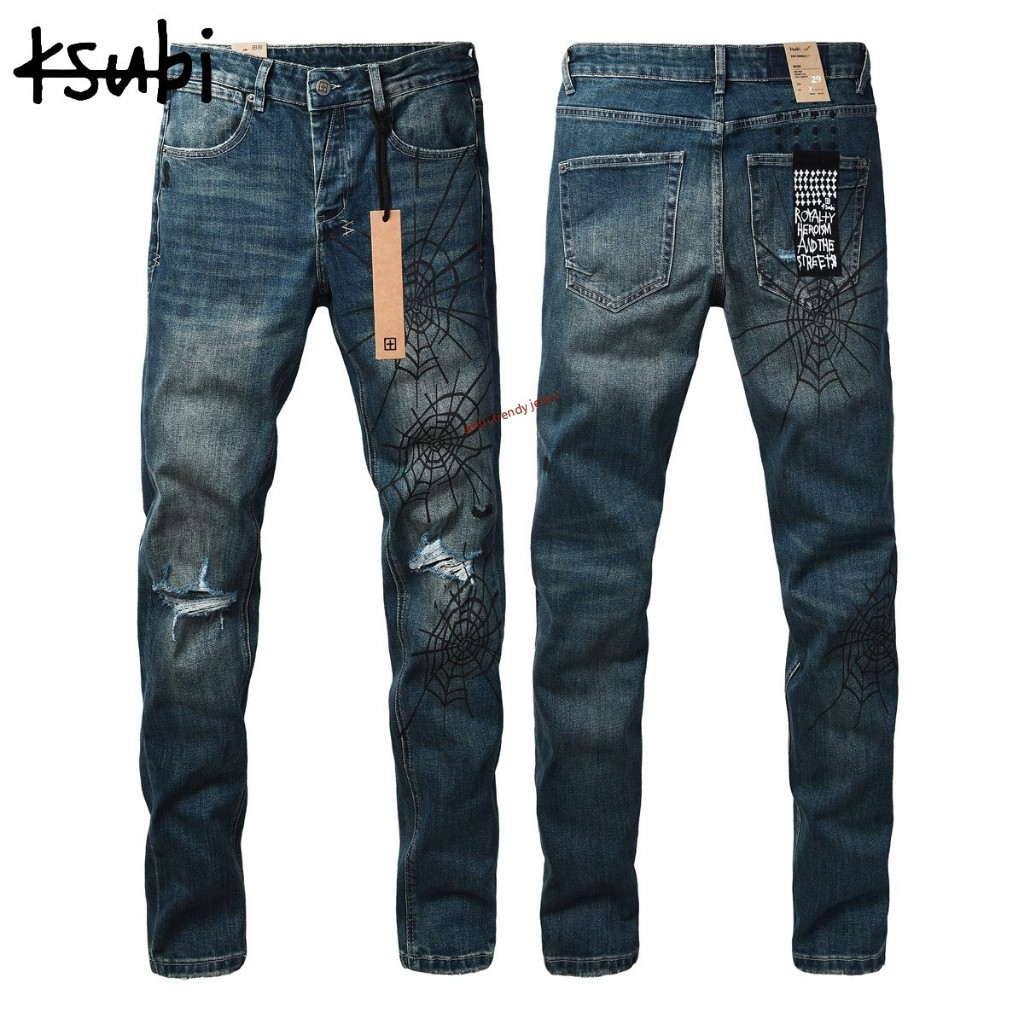 Ksubi กางเกงยีนส์พิมพ์ลายใยแมงมุมสำหรับผู้ชาย กางเกงยีนส์สีเข้มขาดๆ 3070
