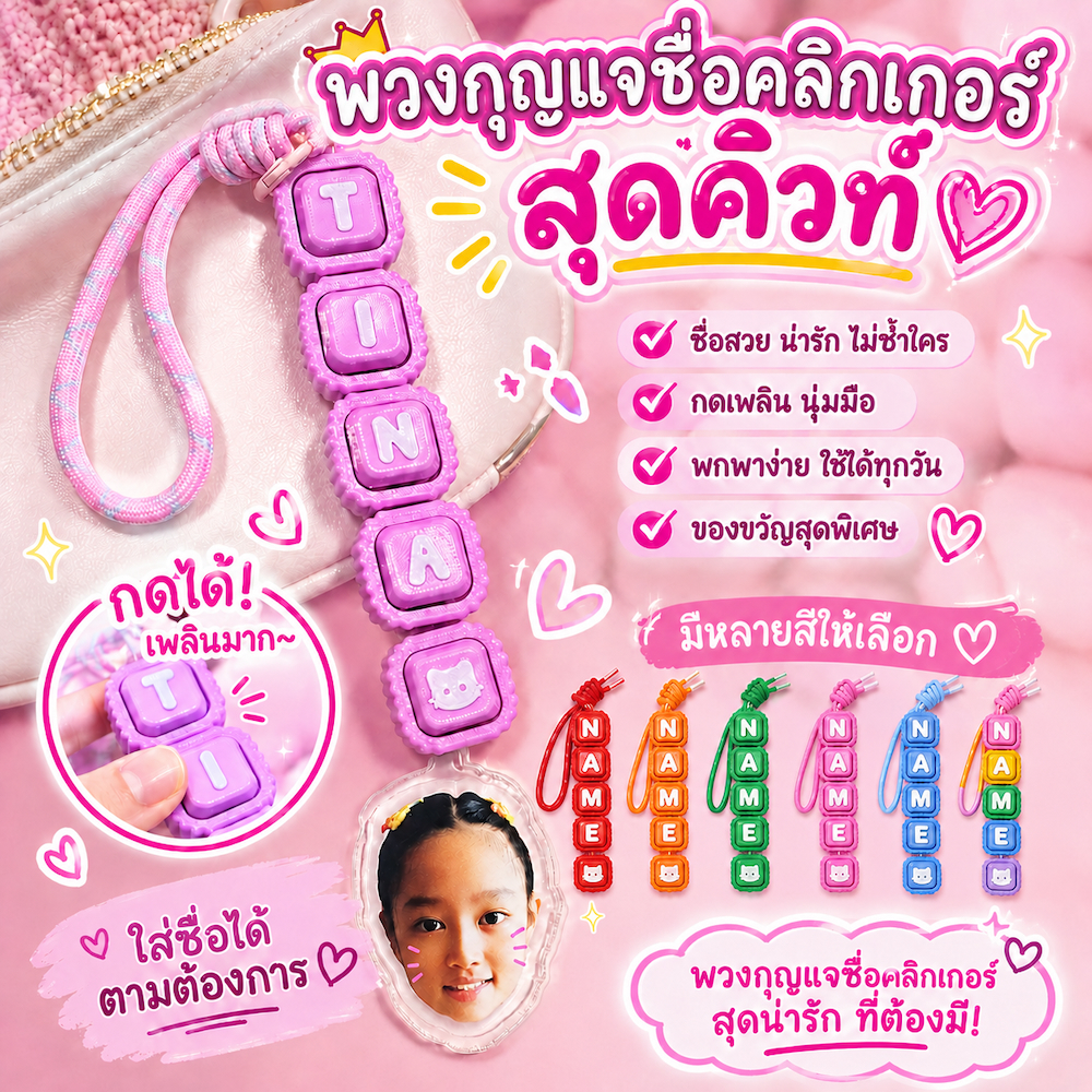 พวงกุญแจป้ายชื่อคลิกเกอร์ตัวต่อน่ารัก สั่งเพิ่มหน้าเด็กได้ Clicker Keycap NameTag Keychain [แจ้งชื่อในแชท]