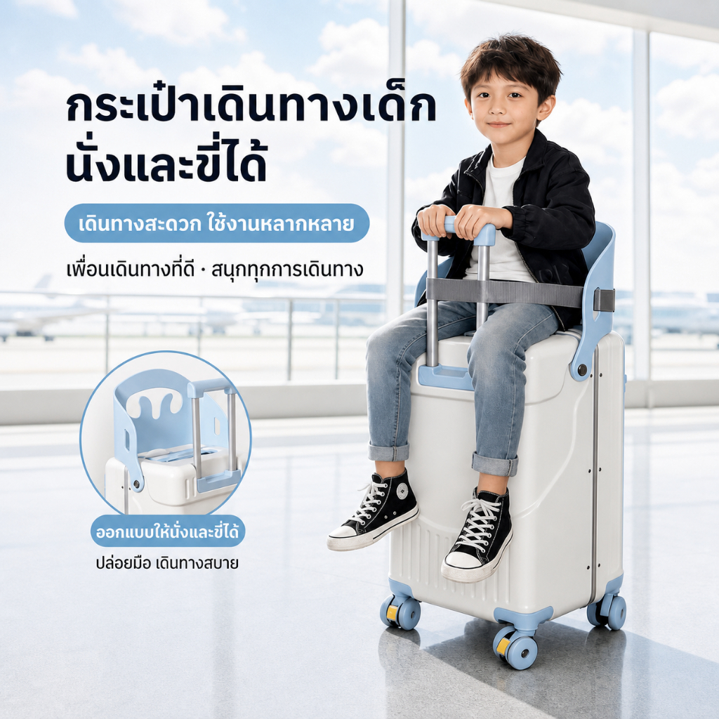 กระเป๋าเดินทาง 20in เด็กนั่ง กระเป๋าขี่ได้ เฟรมอลูมิเนียมมาพร้อมที่วางแก้วช่องล็อคแบบใส่รหัส ล้อคุณภาพสูง