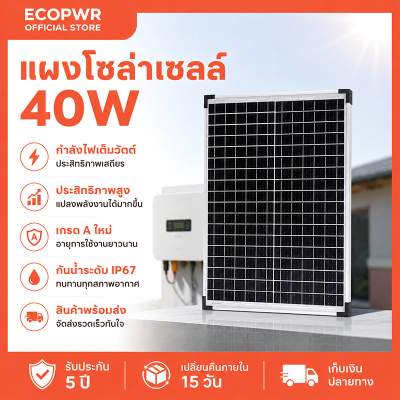 แผงโซลาร์เซลล์ 40W ประสิทธิภาพสูง กันน้ำระดับ IP67 ทำจากซิลิคอนคริสตัลเดี่ยว น้ำหนักเบาพกพาง่าย เหมาะสำหรับใช้งานสวน เร